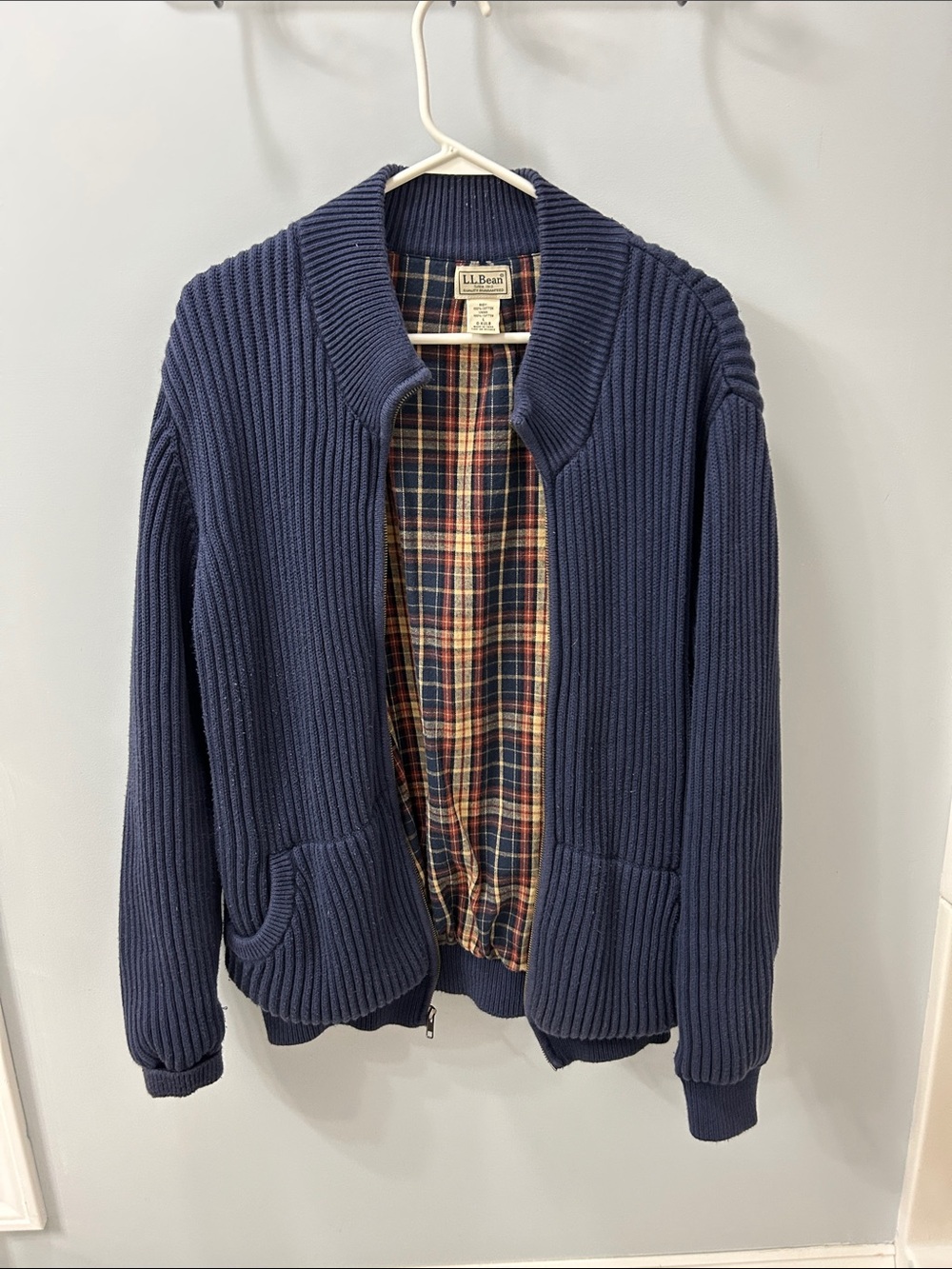 L.L. Bean Navy Ribbed Full-Zip Sweater with Plaid Lining
